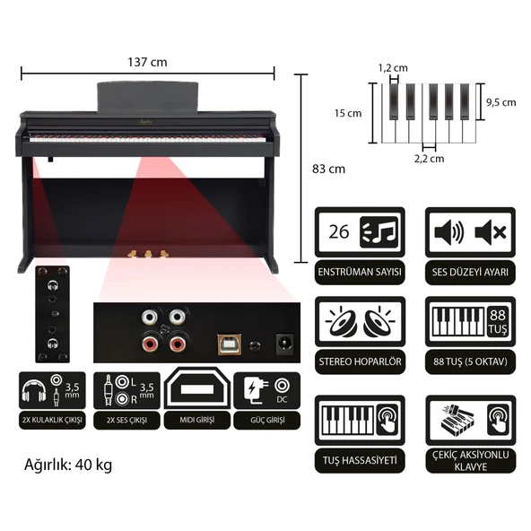 Jwin Sapphire SDP-380 Çekiç Aksiyonlu 88 Tuşlu Dijital Piyano + Tabure - Siyah - 5