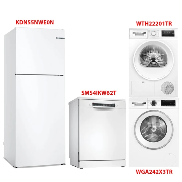 Bosch KDN55NWE0N - SMS4IKW62T - WGA242X3TR - WTH22201TR Beyaz Eşya 4'lü Set