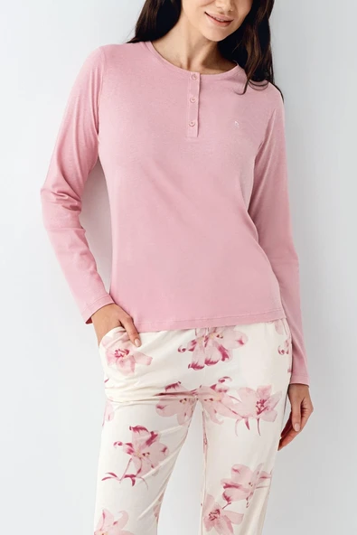 Pierre Cardin Paris Büyük Beden Kadın Gül Desenli Modal Pamuklu Düğmeli  Uzun Kollu Pijama Takım - 3