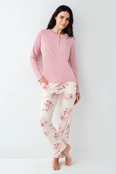 Pierre Cardin Paris Büyük Beden Kadın Gül Desenli Modal Pamuklu Düğmeli  Uzun Kollu Pijama Takım - 2