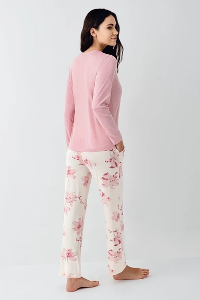 Pierre Cardin Paris Büyük Beden Kadın Gül Desenli Modal Pamuklu Düğmeli  Uzun Kollu Pijama Takım - 4