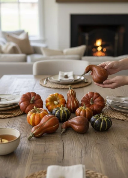 Yapay Bal Kabağı Süs Kabağı Helowen Dekoratif Kabak 10lu Set 5-8cm Filede Turuncu ve Yeşil - Resim 5