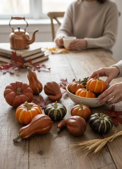 Yapay Bal Kabağı Süs Kabağı Helowen Dekoratif Kabak 10lu Set 5-8cm Filede Turuncu ve Yeşil - Resim 8