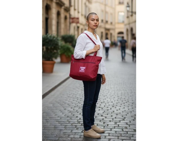 Yumuşak Bez Kumaş Kol Ve Omuz Çantası ağzı fermuarlı kadın çanta bordo - Resim 4