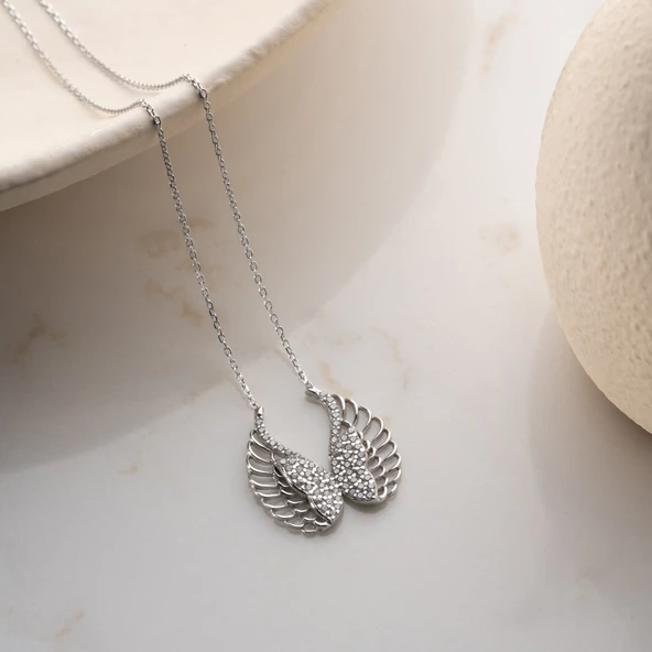 Vaoov 925 Ayar Gümüş Taşlı Kanatlı Melek Kolye - Resim 4