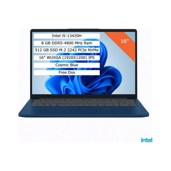 Ideapad Slim 3 Intel Core I5-13420H 8gb 512GB SSD 16" Wuxga IPS Fdos Taşınabilir Bilgisayar 83K2001RTR ürün görseli