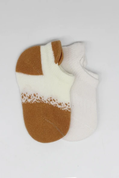 Bistyle 2'Li Penye Sneakers Çorap BS20105 Ekru Hardal - Resim 4