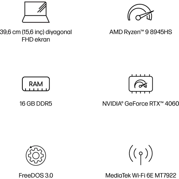 Victus 15-FB3006NT AMD Ryzen 9 8945HS 16GB 1TB SSD RTX4060 Freedos 15.6" Taşınabilir Bilgisayar B82WCEA - Resim 4