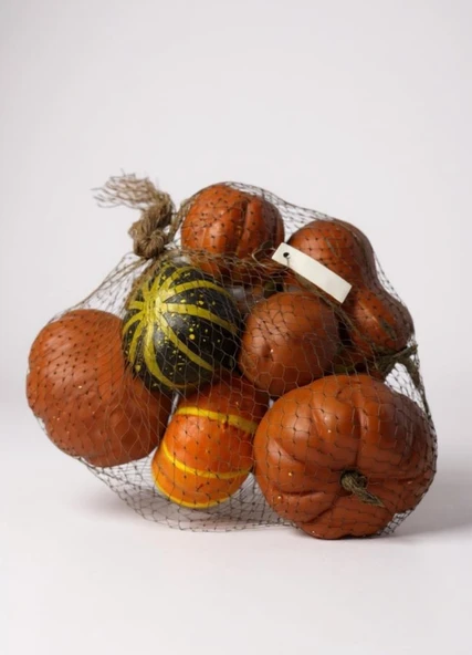 Yapay Bal Kabağı Süs Kabağı Helowen Dekoratif Kabak 10lu Set 5-8cm Filede Turuncu ve Yeşil ürün görseli