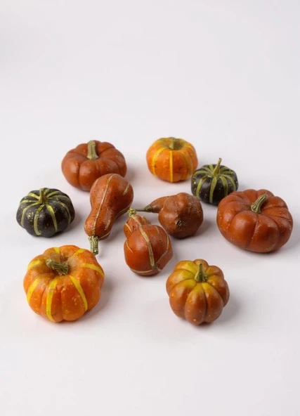 Yapay Bal Kabağı Süs Kabağı Helowen Dekoratif Kabak 10lu Set 5-8cm Filede Turuncu ve Yeşil - Resim 2