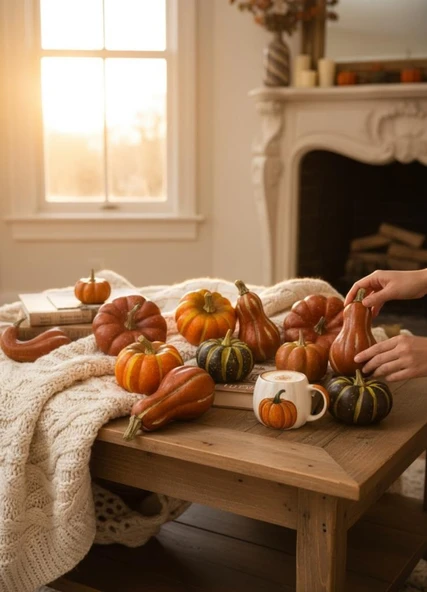 Yapay Bal Kabağı Süs Kabağı Helowen Dekoratif Kabak 10lu Set 5-8cm Filede Turuncu ve Yeşil - Resim 4