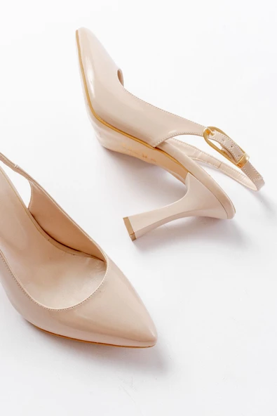 719 Bej Rugan Sivri Burunlu Toka Detaylı  Topuklu Kadın Ayakkabı - Resim 4