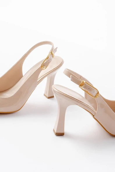 719 Bej Rugan Sivri Burunlu Toka Detaylı  Topuklu Kadın Ayakkabı - Resim 5