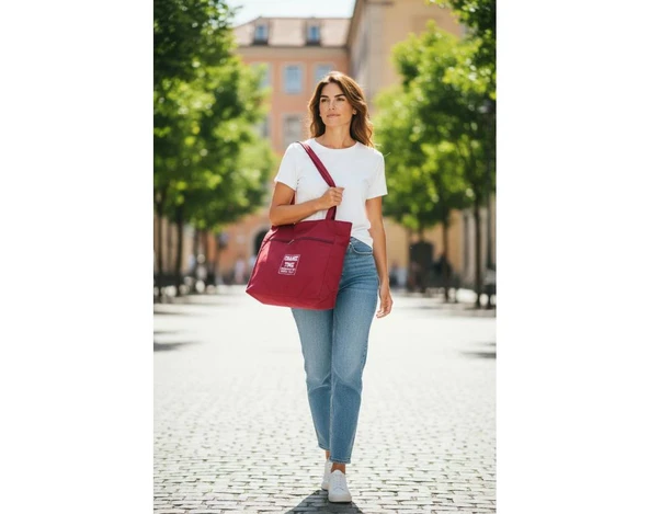 Yumuşak Bez Kumaş Kol Ve Omuz Çantası ağzı fermuarlı kadın çanta bordo - Resim 3