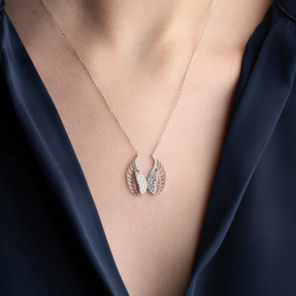 Vaoov 925 Ayar Gümüş Taşlı Kanatlı Melek Kolye - Resim 3