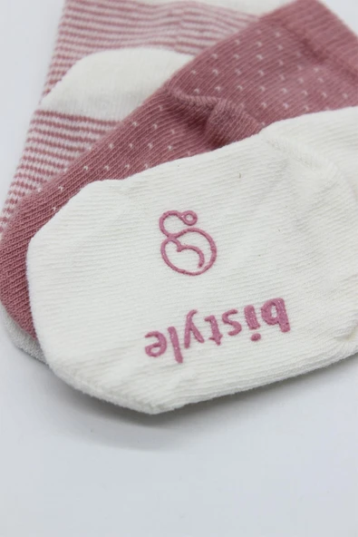Bistyle Puanlı Kaymaz Penye Soket Çorap 3'Lü BS10108 Pudra - Resim 3