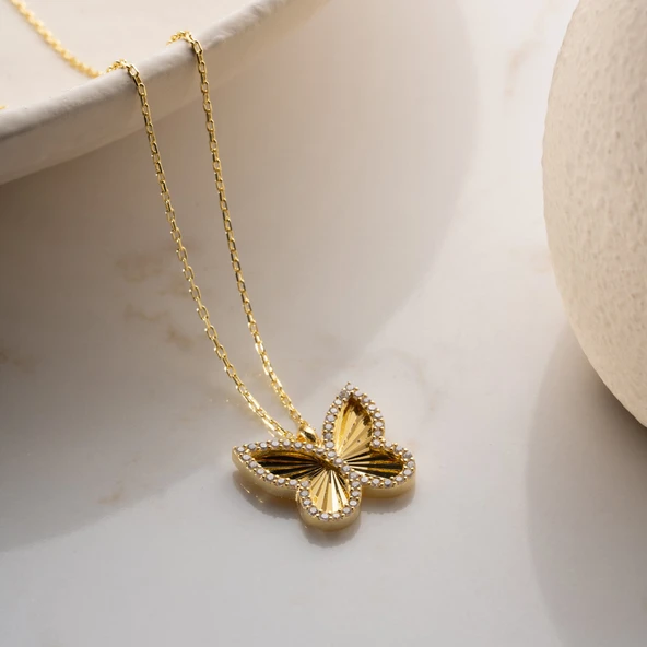 Vaoov 925 Ayar Gümüş Dokulu ve Taşlı Kelebek Kolye - Resim 4