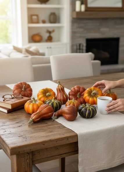 Yapay Bal Kabağı Süs Kabağı Helowen Dekoratif Kabak 10lu Set 5-8cm Filede Turuncu ve Yeşil - Resim 6