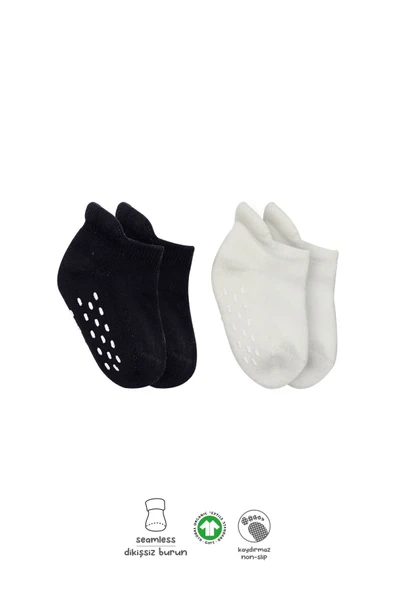 Bistyle 2'Li Altı Havlu Sneakers Kaymaz Çorap 20501 Siyah Ekru ürün görseli 1