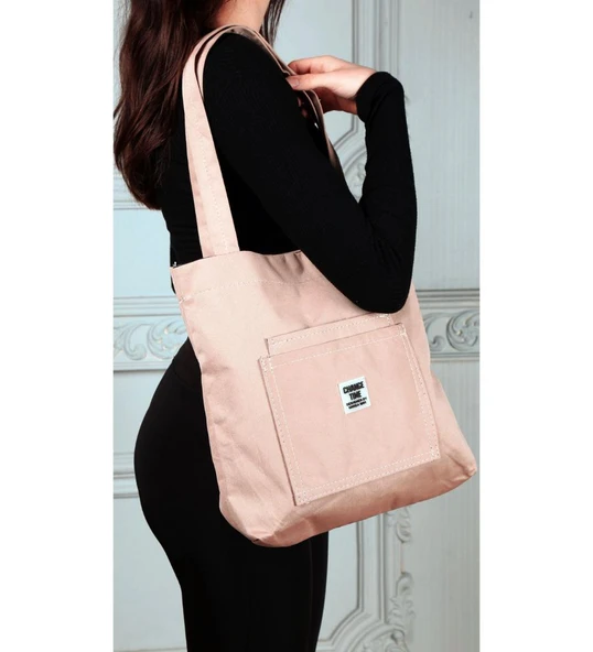 Yumuşak Bez Kumaş Kol Ve Omuz Çantası ağzı fermuarlı kadın çanta pembe - Resim 4