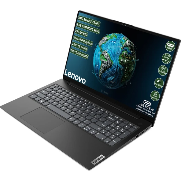 Lenovo V15 G4 Amd Ryzen 5 7520U 8 GB 256 GB SSD 15.6" Fhd Freedos Taşınabilir Bilgisayar 82YU00Q6TX - Resim 3