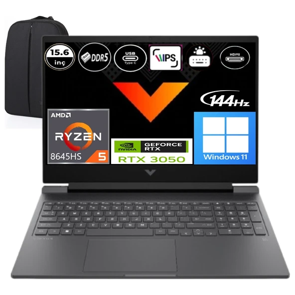 Victus Amd Ryzen 5-8645HS 24 GB Ram 2 Tb RTX3050 6gb Windows 11 Pro 15.6" Fhd IPS 144Hz B9KM2EAEP9 + Elektropasaj Çanta ürün görseli 1