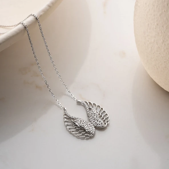 Vaoov 925 Ayar Gümüş Taşlı Kanatlı Melek Kolye - Resim 2