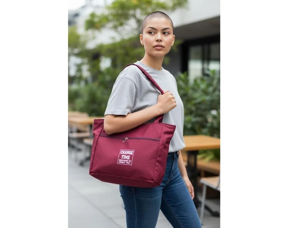 Yumuşak Bez Kumaş Kol Ve Omuz Çantası ağzı fermuarlı kadın çanta bordo - Resim 5