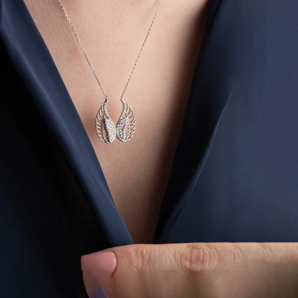 Vaoov 925 Ayar Gümüş Taşlı Kanatlı Melek Kolye - Resim 5