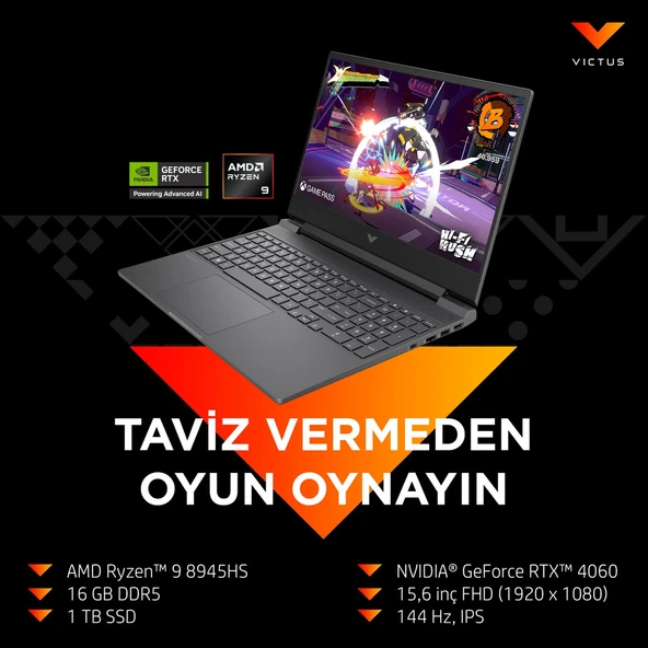 Victus 15-FB3006NT AMD Ryzen 9 8945HS 16GB 1TB SSD RTX4060 Freedos 15.6" Taşınabilir Bilgisayar B82WCEA - Resim 3