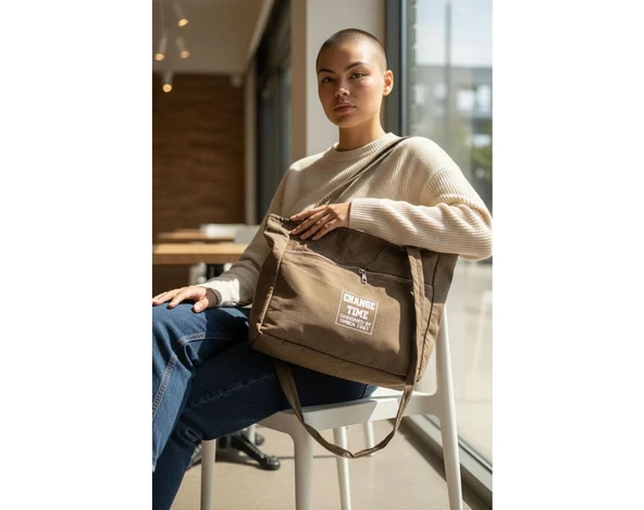 Yumuşak Bez Kumaş Kol Ve Omuz Çantası ağzı fermuarlı kadın çanta kahve ürün görseli