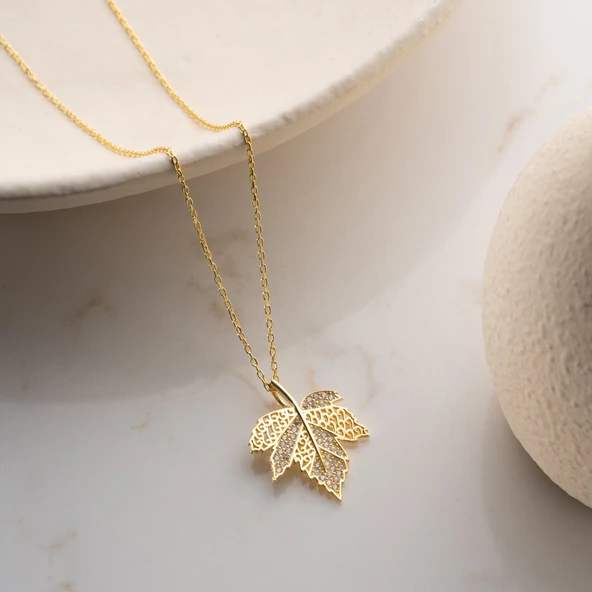 Vaoov 925 Ayar Gümüş Taşlı Çınar Yaprağı Kolye - Resim 5
