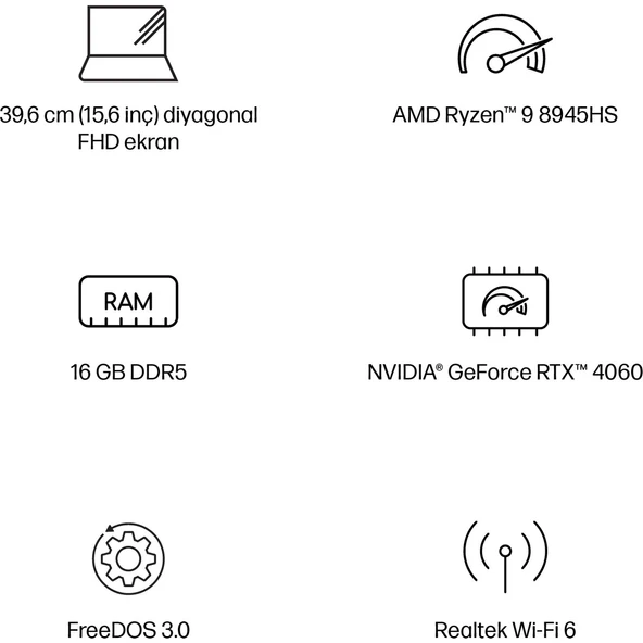 Victus 15-FB3007NT AMD Ryzen 9 8945HS 16GB 512GB SSD RTX4060 Freedos 15.6" Taşınabilir Bilgisayar B82WDEA - Resim 4