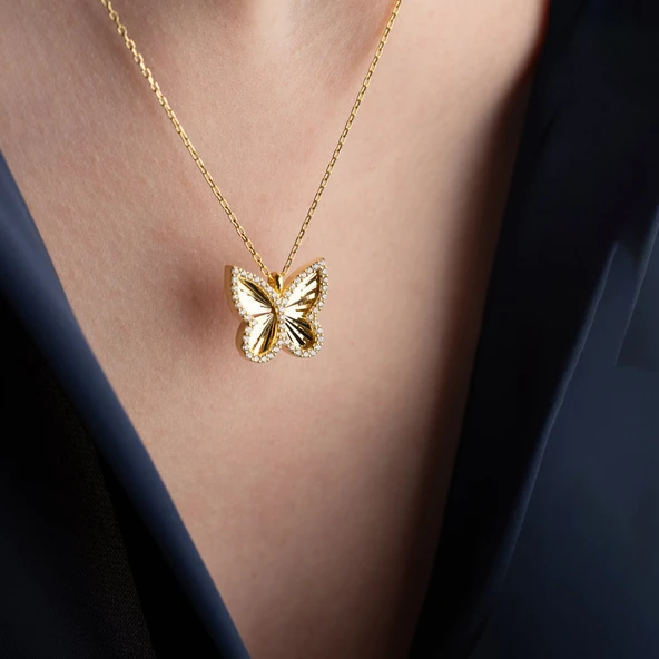 Vaoov 925 Ayar Gümüş Dokulu ve Taşlı Kelebek Kolye - Resim 5