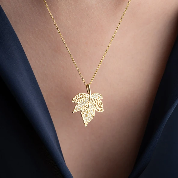 Vaoov 925 Ayar Gümüş Taşlı Çınar Yaprağı Kolye - Resim 2