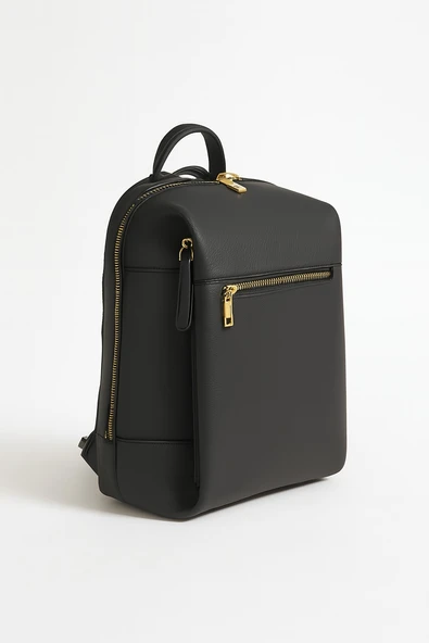 Kadın Deri Sırt Çantası Gold Detay Geniş Hacimli Altın Fermuarlı - 2