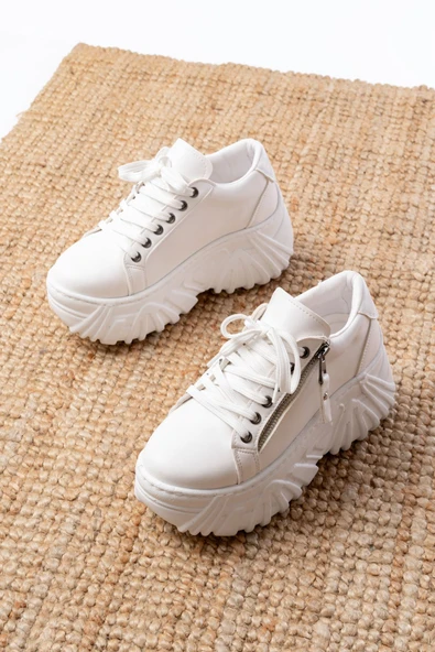 SP-156 Beyaz Bağcıklı Fermuarlı Yüksek Taban Günlük Spor Ayakkabı - Resim 3