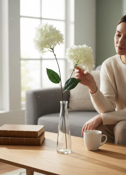 Yapay Çiçek Ortanca 90cm 2Toplu Beyaz Tek Dal Kumaş Çiçek Uzun Dal - Resim 8