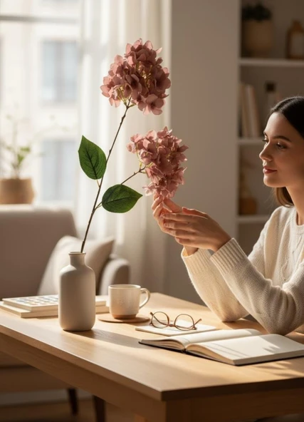 Yapay Çiçek Ortanca 90cm 2Toplu Gülkurusu Koyu Tek Dal Kumaş Çiçek Uzun Dal - Resim 6