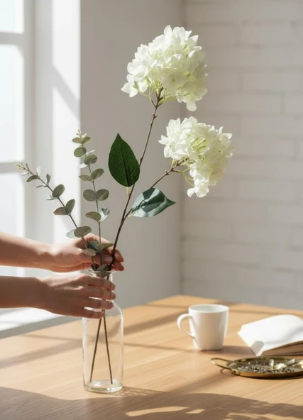 Yapay Çiçek Ortanca 90cm 2Toplu Beyaz Tek Dal Kumaş Çiçek Uzun Dal - Resim 6