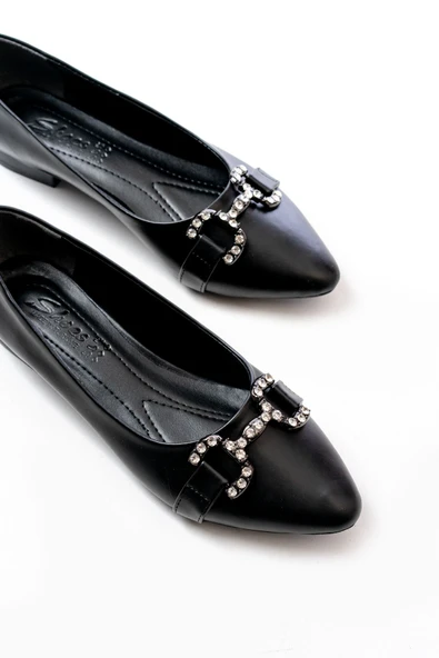 İNF-133 Siyah Taşlı Tokalı Günlük Kadın Babet - Resim 4