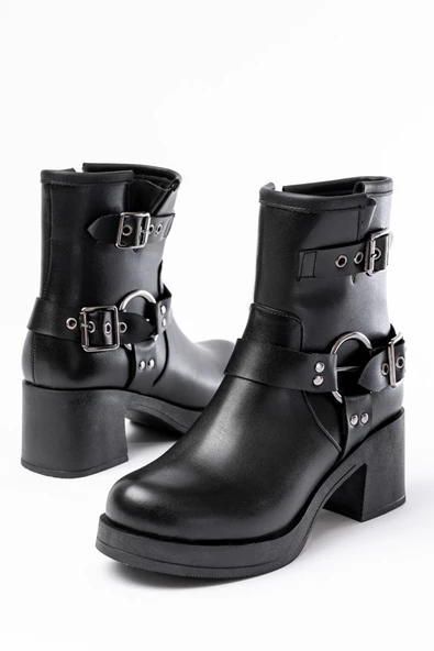 5109-3028 Siyah Toka Aksesuarlı Fermuarlı Topuklu Günlük Kadın Bot - Resim 6