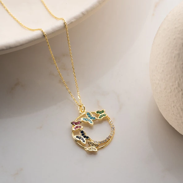 Vaoov 925 Ayar Gümüş Renkli Taşlı Kelebek Kolye - Resim 4