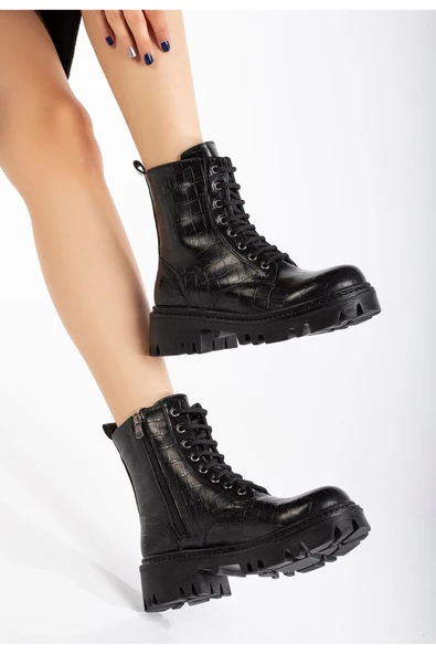 868-2289 Siyah Kroko Bağcıklı Fermuarlı Günlük Kadın Bot - 2