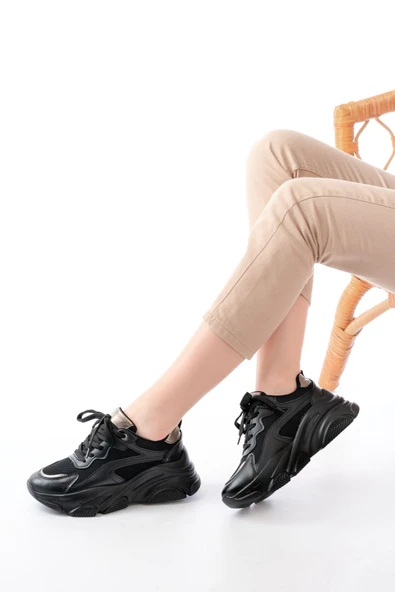 SP-149 Siyah Platin Bağcıklı Fileli Günlük Spor Ayakkabı - Resim 2