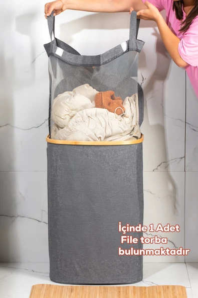 Porsima Mio-101 Bambu Banyo Kirli Çamaşır Sepeti Banyo Düzenleyici Sepet 44X66 cm - 2