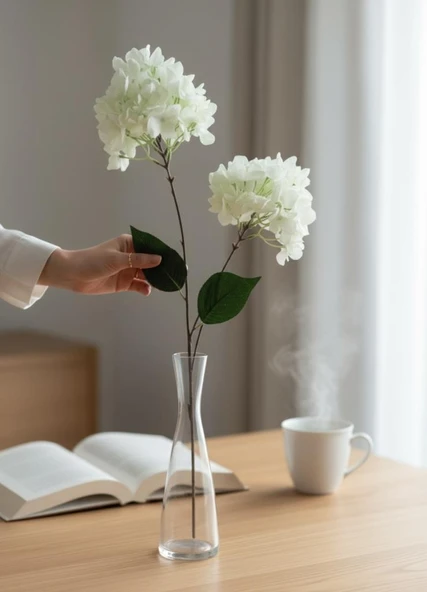 Yapay Çiçek Ortanca 90cm 2Toplu Beyaz Tek Dal Kumaş Çiçek Uzun Dal - Resim 5