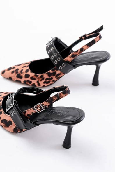İNF-260 Siyah Leopar Günlük Arkası Açık Baret Tokalı Topuklu Bayan Ayakkabı - Resim 5