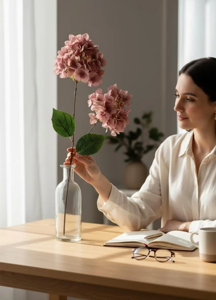 Yapay Çiçek Ortanca 90cm 2Toplu Gülkurusu Koyu Tek Dal Kumaş Çiçek Uzun Dal - Resim 4
