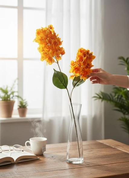 Yapay Çiçek Ortanca 90cm 2Toplu Somon Tek Dal Kumaş Çiçek Uzun Dal - Resim 5